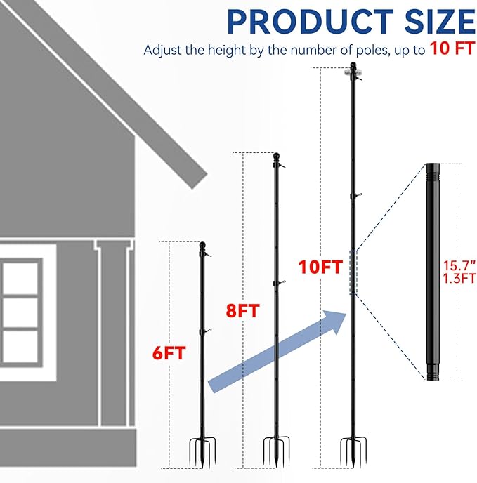 ZMTECH 2 Packs 10 FT Heavy Duty Flag Pole in Ground with Solar Light, Flag Pole Holder for Outside House with Solar Light and 5 Pronges Base, Flag Pole Kit for Outdoor Garden Decor(Without Flag)