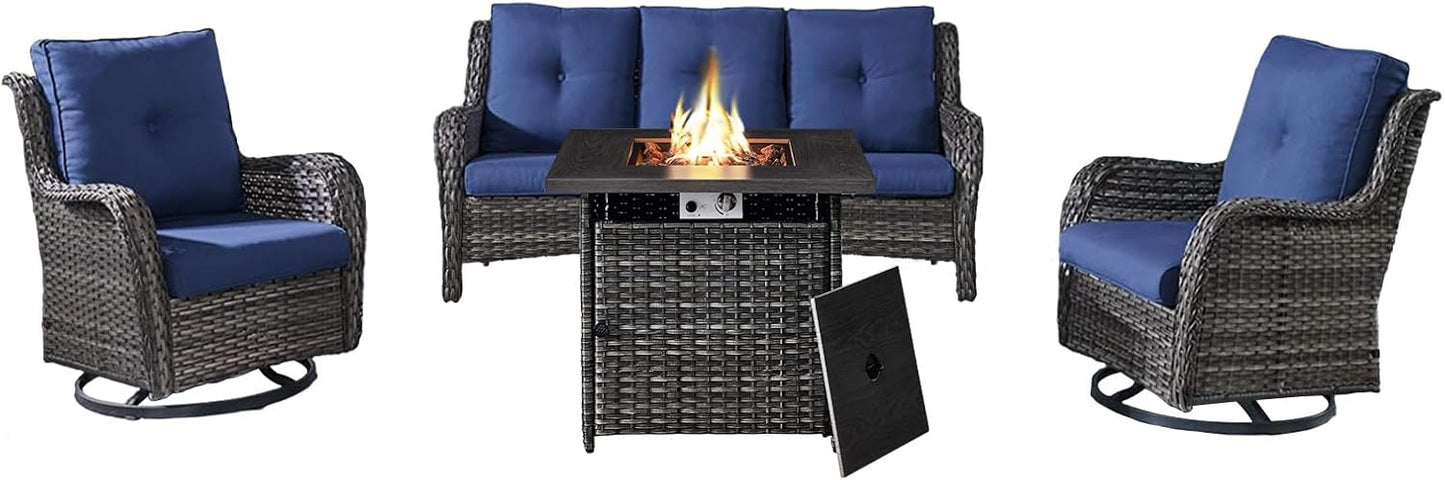 Outdoor Patio Furniture Set with 50000BTU Propane Fire Pit Table, 4 Pieces Wicker Patio Conversation Set with 2 Swivel Rocker Glider Chairs Rattan Sofa Blue Cushion Perfect for Casual Gathering