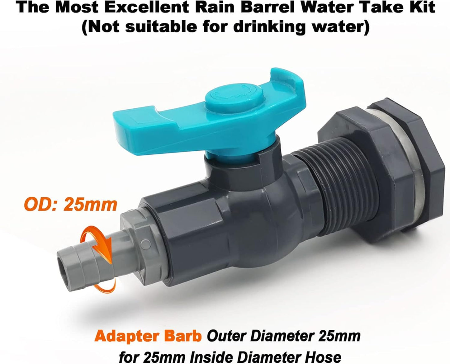 Rain Barrel Spigot PVC Faucet Kit Water Barrel Diverter Kit with Bulkhead Fitting,Ball Valve,Garden Hose Barb(25mm) Adapter,Pipe Clamps,Thread Seal Tape(kit for 25mm ID Hose)