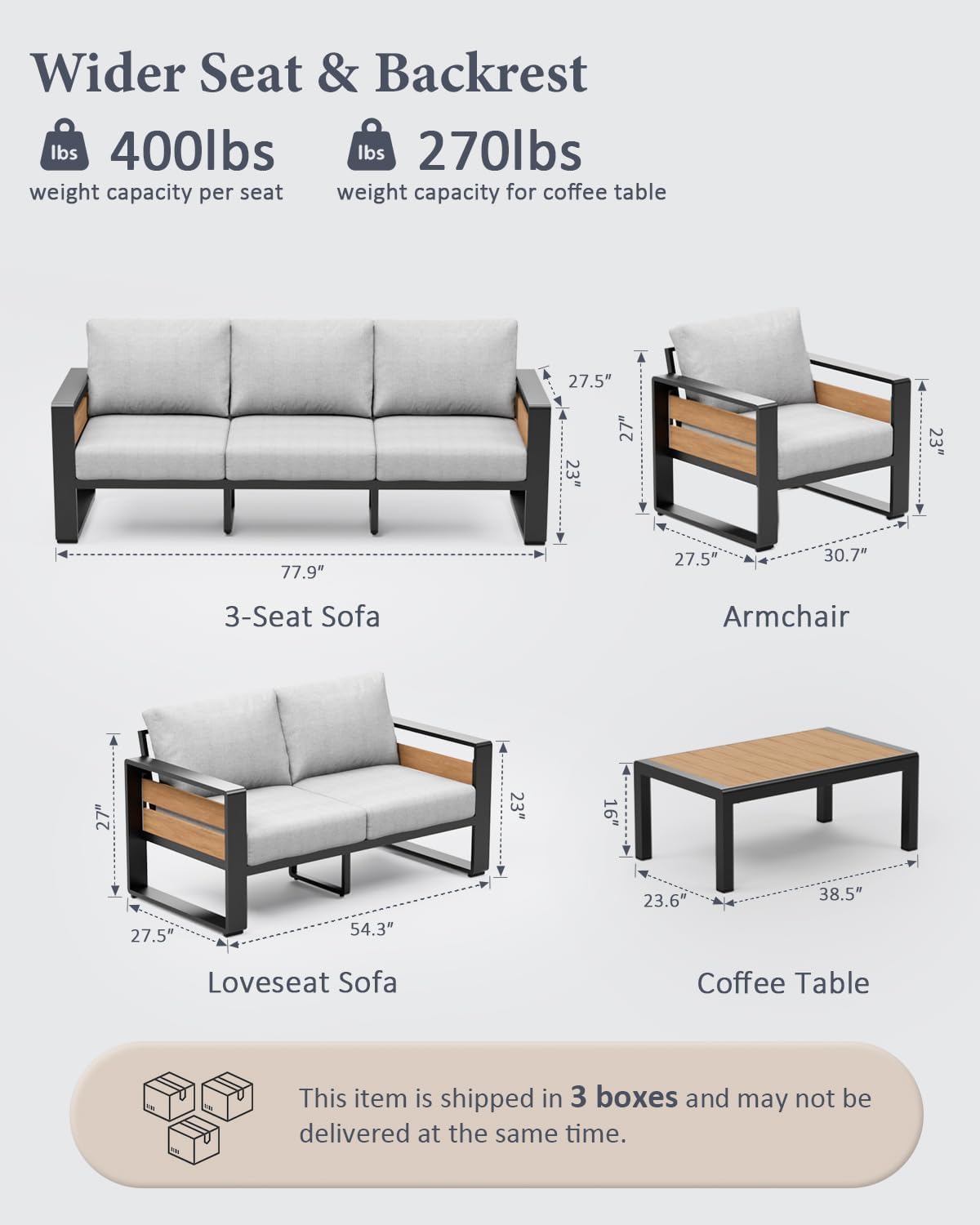 ZANDOR Aluminum Outdoor Patio Furniture - 1 Pcs Loveseat and Coffee Table, All-Weather Metal Modern Outside Furniture with Washable Thick Cushion for Garden/Backyard/Porch, Grey