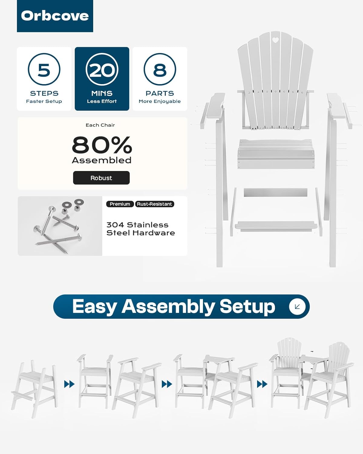 Tall Adirondack Chairs Set of 2 with 2-Layer Connecting Table, HDPE Bar Height Outdoor Table and Chairs with Umbrella Hole, All Weather Outdoor Bar Stools for Patio, Deck, Yard (White)