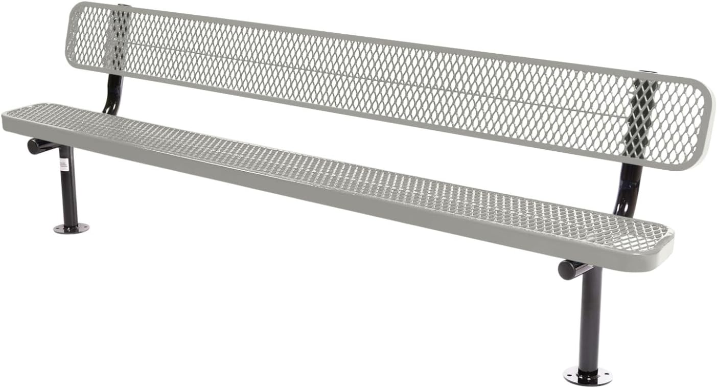 Coated Outdoor Furniture Heavy-Duty Outdoor Bench Thermoplastic Coated, Expanded Metal, Commercial-Grade Seating, Made in America (Surface with Back, 8 Ft, Grey)
