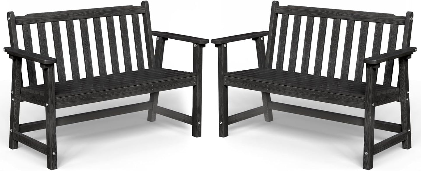 Outdoor Bench, 2-Person HDPE Garden Bench, All Weather Poly Patio Bench for Outdoors, Garden, Backyard, Porch and Park, 550 lbs Weight Capacity, Black, 2 Pack