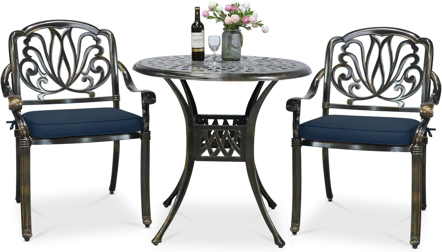 VIVIJASON 3-Piece Patio Furniture Dining Set, All-Weather Cast Aluminum Outdoor Bistro Set, Include 2 Chairs, 2 Cushions and 31" Round Table w/Umbrella Hole for Balcony, Backyard, Navy Blue Cushion