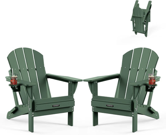 MUCHENGHY Folding Adirondack Chairs Set of 2, Patio Chairs, Lawn Chairs, Outdoor Chairs, Adirondack Chair Plastic, Fire Pit Chairs, Weather Resistant with Cup Holder for Deck, Backyard, Garden(Green)