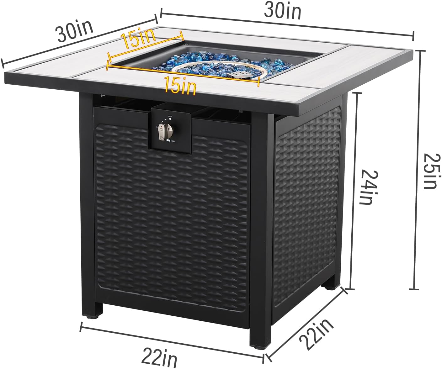 30 Inch Fire Tables 50000 BTU Outdoor Fire Pits for Outside Steel Gas Fire Table with Fire Pit Lid Wooden Marble Tabletop and Waterproof Cover