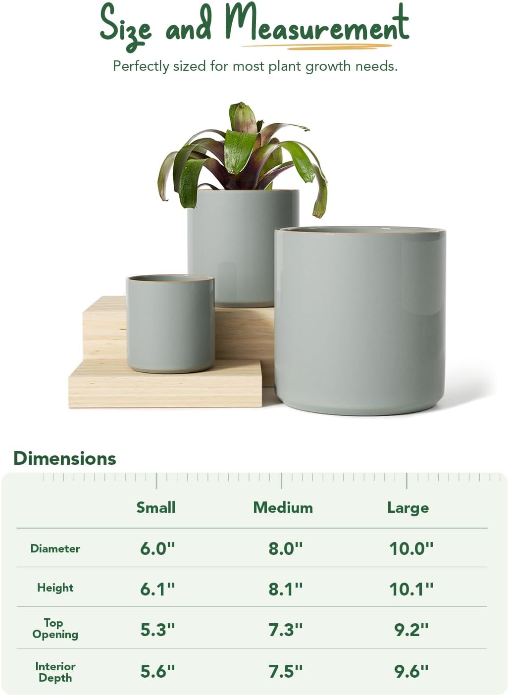LE TAUCI Ceramic Plant Pots Indoor, 10+8+6 Inch Planters for Indoor Plants, Mid-Century Modern Flower Pots with Drainage Hole and Plug, Cylinder Round Planters, Set of 3, Blue Gray
