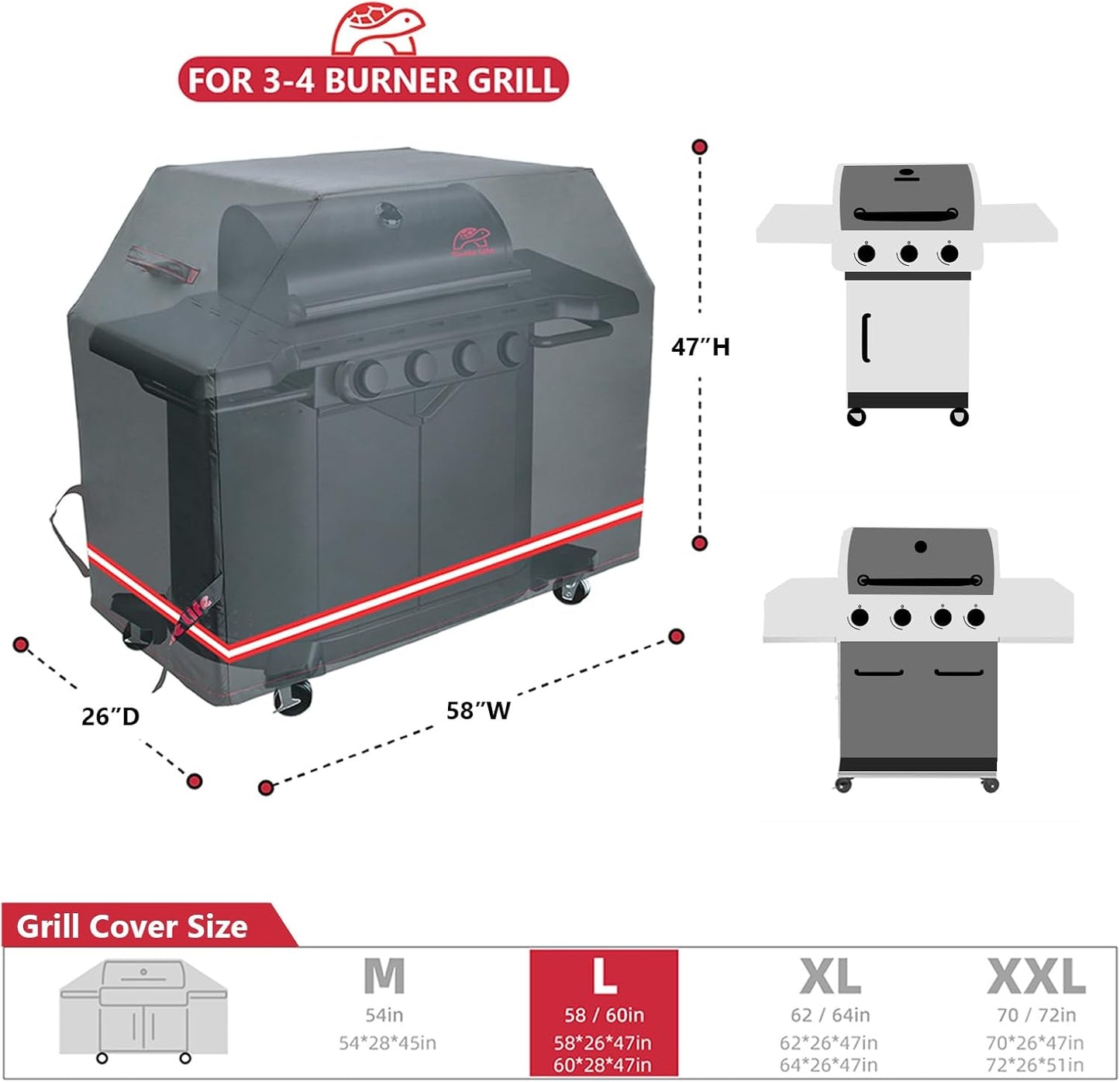 BBQ Grill Cover, 58 Inch Heavy Duty Waterproof 3-4 Burner Barbecue Gas Grill Covers for Weber Spirit Char-Broil Performance and Signature, Black