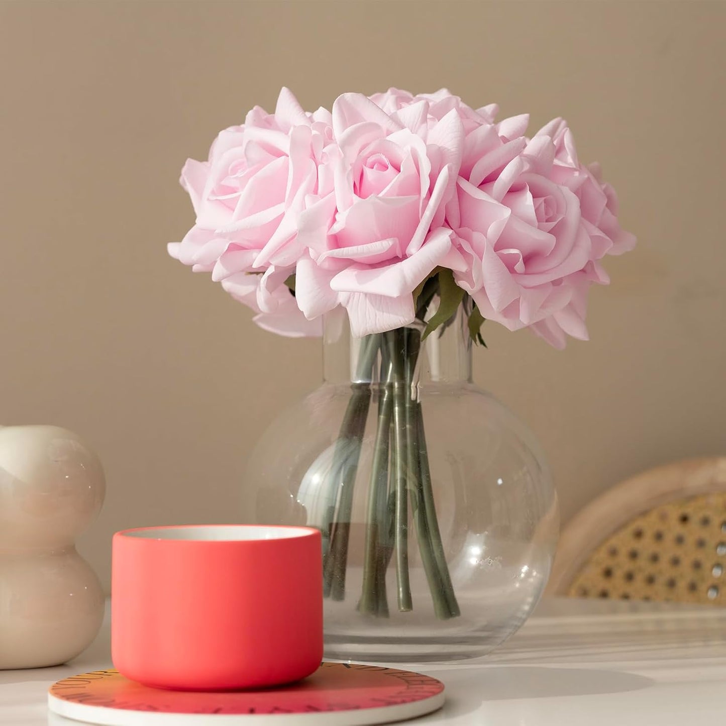 Artificial Roses Single Stem 10pcs Fake Silk Flower Arrangement Bouquet Real Touch for Home Party Wedding Decoration(Light Pink)