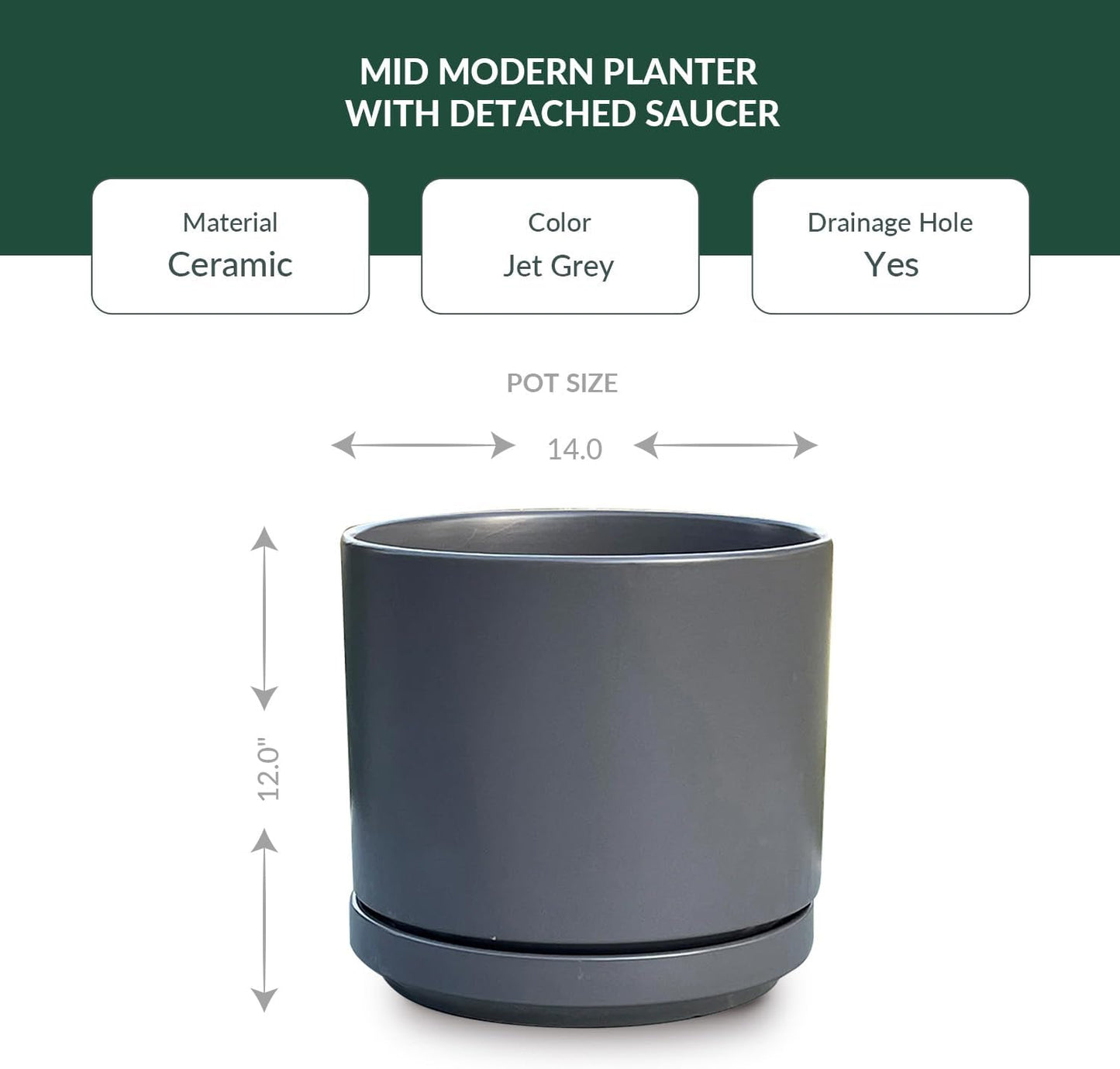 Mid Modern Planter with Detached Saucer (Jet Grey,14.0" D x 12.0" H)
