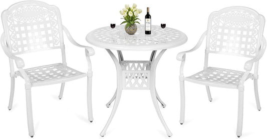 MEETWARM 3 Piece Patio Bistro Set, Outdoor All-Weather Cast Aluminum Dining Furniture Set Includes 2 Chairs and a 31” Round Table with Umbrella Hole for Garden Deck, White