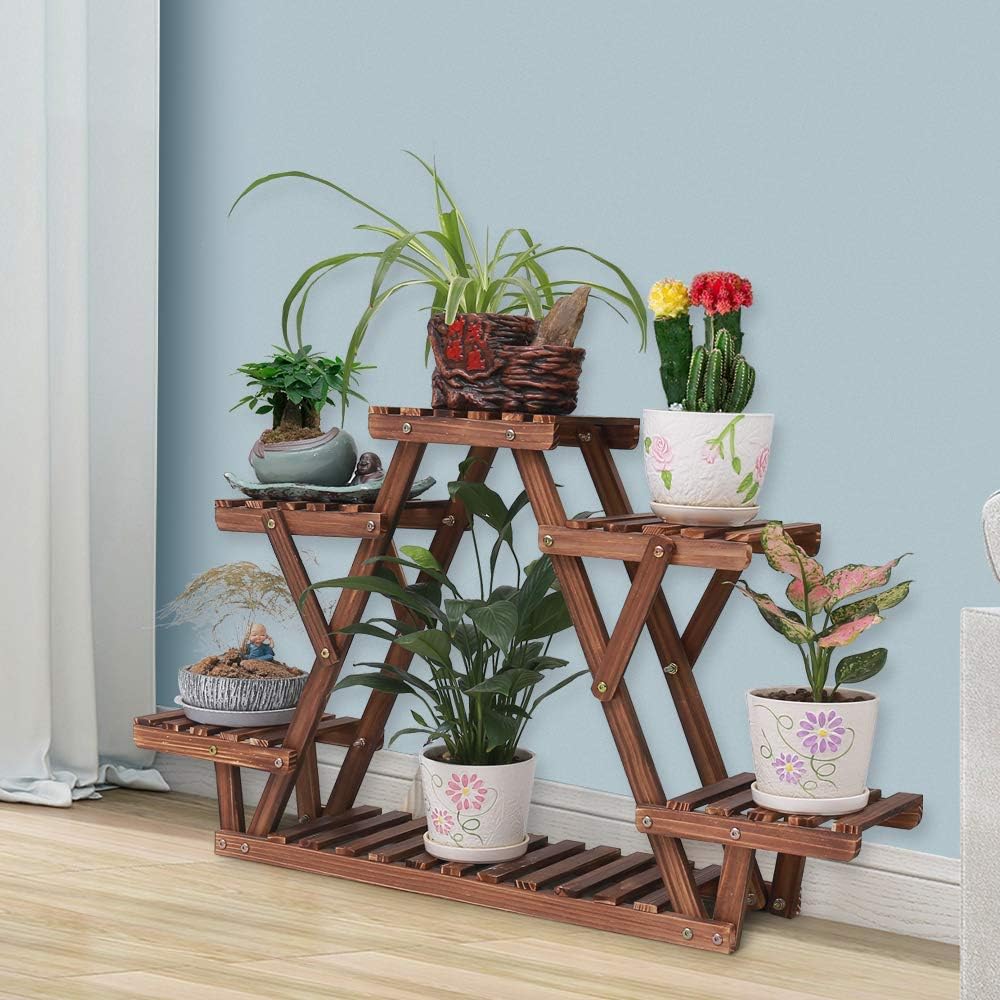 Ufine Wood Plant Stand Triangular Plant Shelf Multi Tier Flower Display Holder Storage Rack 6 Pots for Indoor Outdoor Living Room Balcony Patio