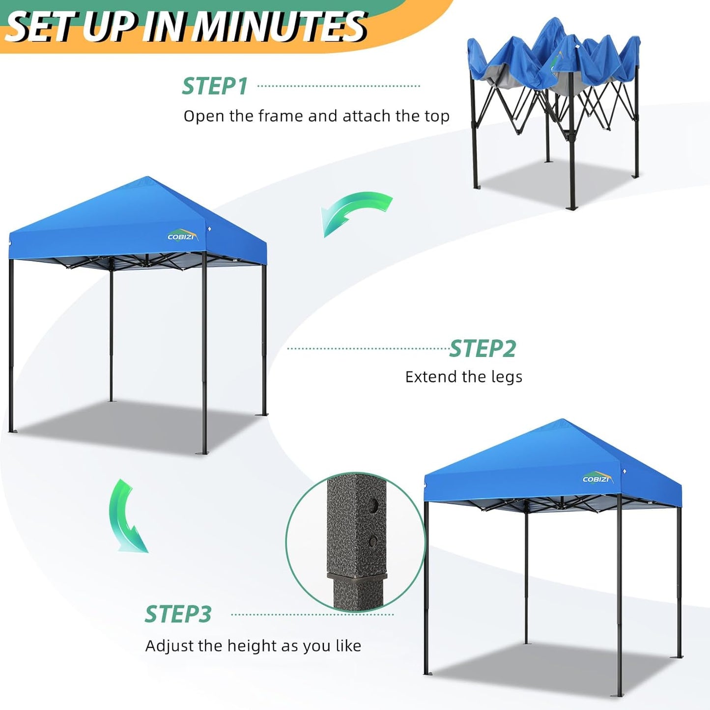 COBIZI 6.6x6.6ft Pop Up Canopy Tent, Heavy Duty Canopy Easy Set up All Weather Waterproof Outdoor Canopy Tent for Parties, Beach, Garden, Camping with 1 Handbag, 3 Adjustable Heights, UPF50+, Blue