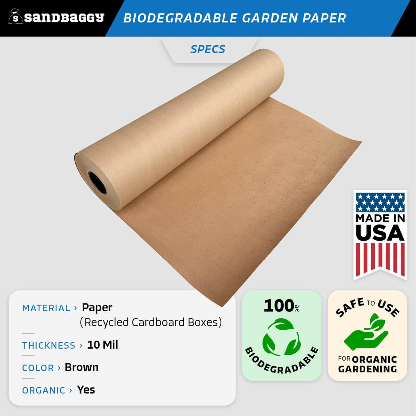 Sandbaggy Biodegradable Landscape Fabric - Garden Paper for Weeds - Paper Mulch Rolls - Made in America (4 ft x 50 ft, 1)
