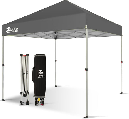 CROWN SHADES 8x8 Pop Up Canopy - Beach Tent with One Push Setup - Easy Outdoor Sun Shade for Events, Parties, Camping - Gazebo with STO-N-Go Cover Bag, Silver Coated Top,Grid Grey