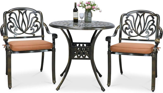 VIVIJASON 3-Piece Patio Furniture Dining Set, All-Weather Cast Aluminum Outdoor Bistro Set, Include 2 Chairs, 2 Cushions and 31" Round Table w/Umbrella Hole for Balcony, Lawn, Garden, Backyard