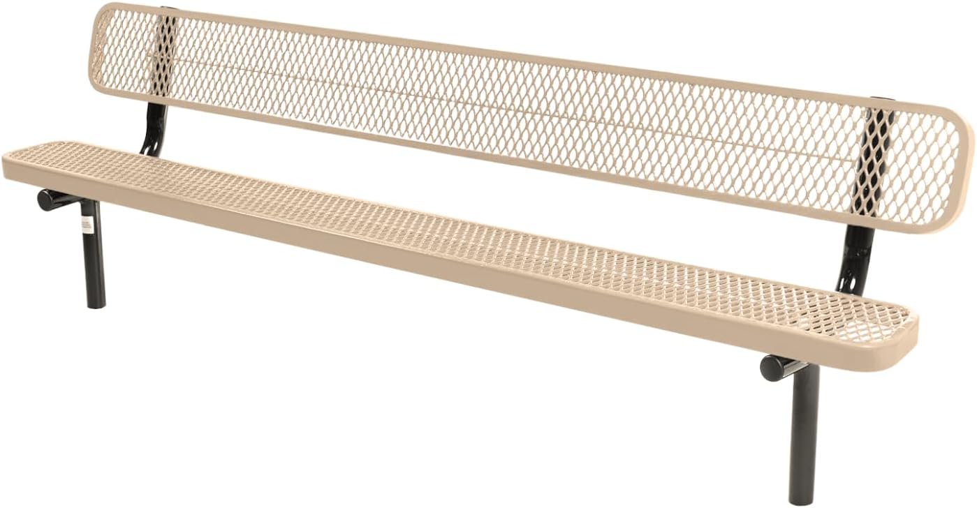 Coated Outdoor Furniture Heavy-Duty Outdoor Bench Thermoplastic Coated, Expanded Metal, Commercial-Grade Seating, Made in America (Inground with Back, 8 Ft, Tan)