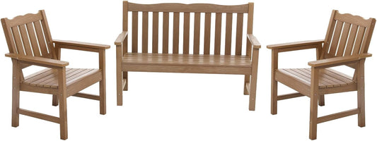 Stoog All-Weather Garden Bench & Chairs Set, 3-Piece Patio Furniture Set, Include 2 Outdoor Chairs and 1 Outdoor Bench, Teak