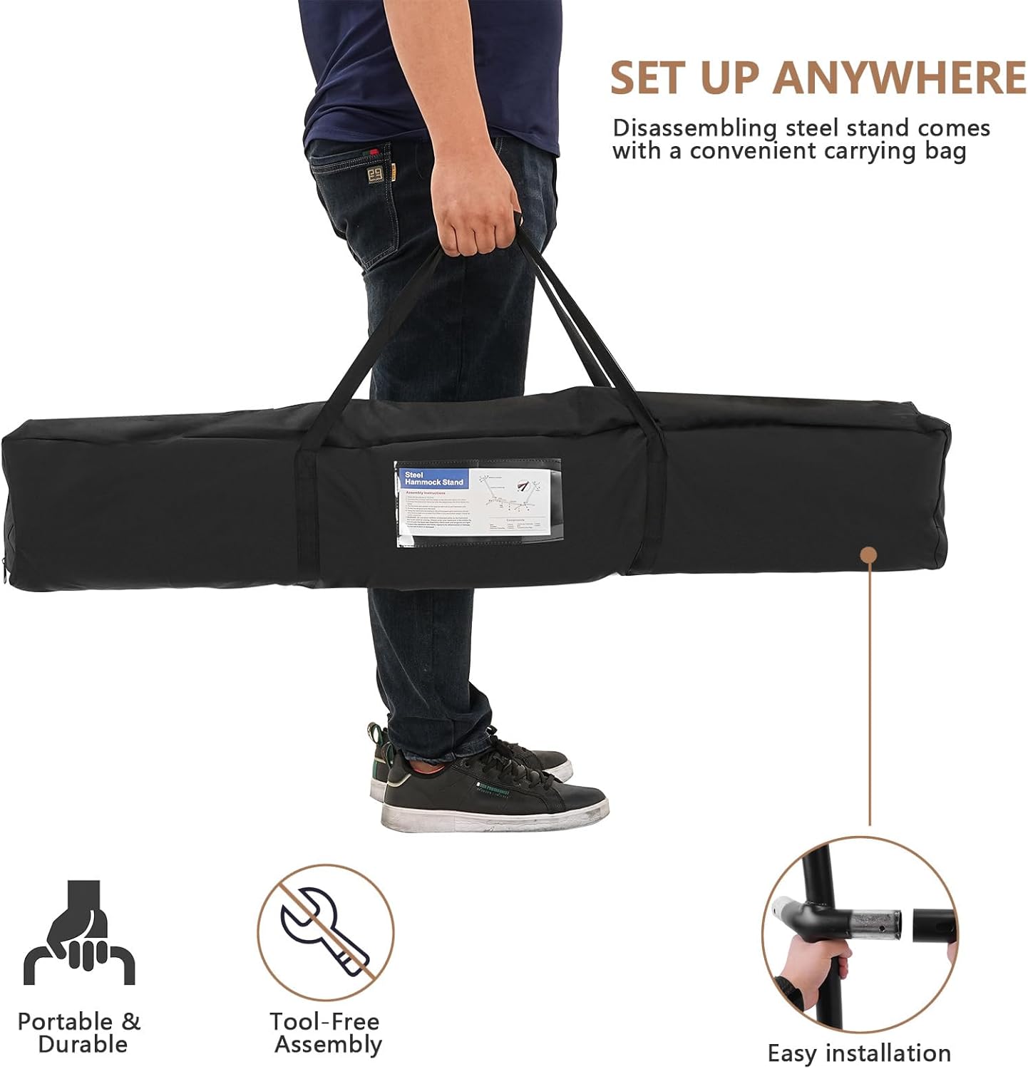 Double Hammock with Stand Included 450lb Capacity Space Saving Steel Stand,Premium Carry Bag Included,Suit for Outside,Indoor,Yard,Camping(Coffee).