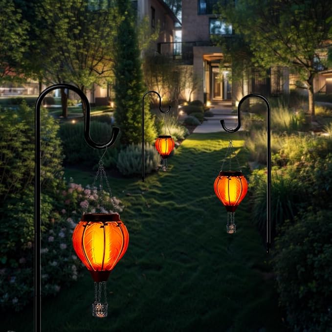 Starsoul Orange Solar Hot Air Balloon Lantern Glass Hot Air Balloon Solar Lantern with Flickering Flame Light Outdoor Solar Hanging Lights Waterproof for Garden Yard Patio