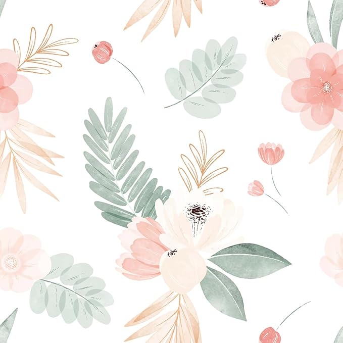 Neutral Green Leaves Pink Poppy Floral Peel and Stick Wallpaper Self Adhesive Removable Easy Peel Off Stick on Wall Paper for Bedroom Cabinet Renter