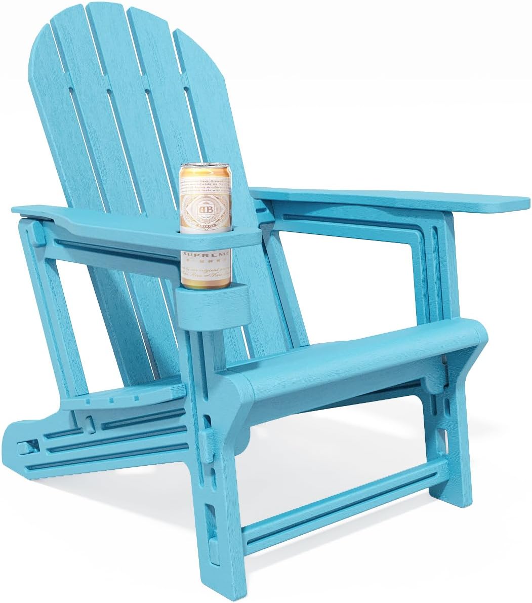 Adirondack Chair, Tool-Free Assembly All-Weather Adirondack Chairs, HDPE Fire Pit Chairs with Cup Holder, Outdoor Chair for Patio Garden（Lake Blue）