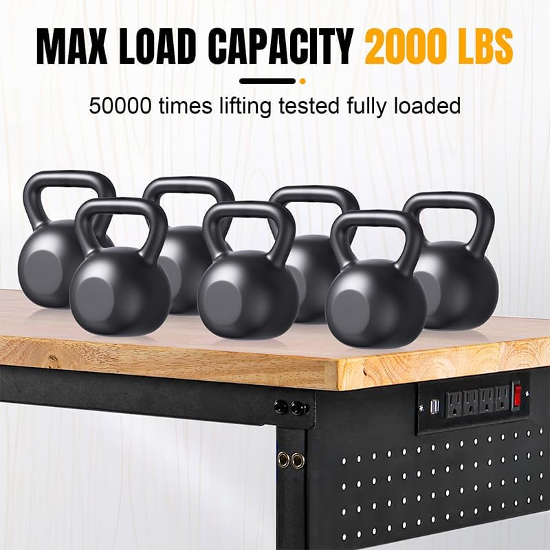 Adjustable Height Workbench, Heavy Duty Table Rubber Wood Workstation with Power Outlet & Pegboard for Garage, Office, Workshop, Home,Commercial (48"×24")