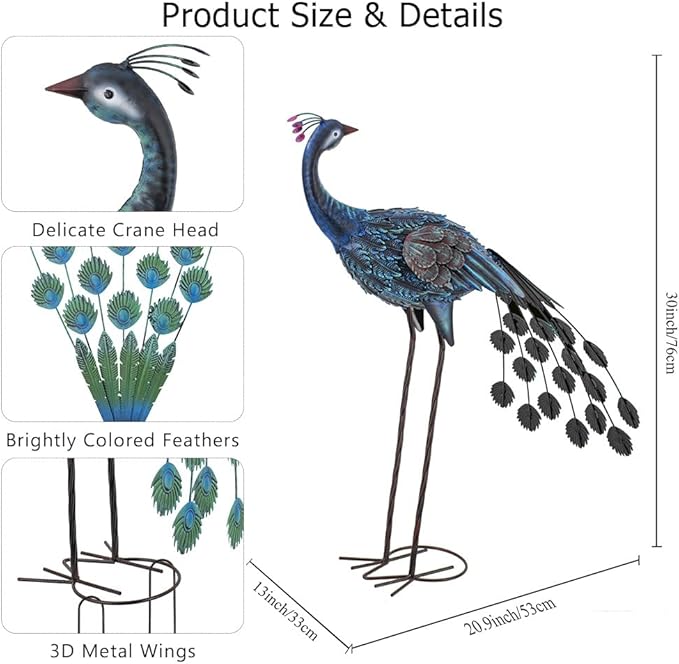 VEWOGARDEN 2 Pack Peacock Outdoor Garden Sculptures & Statues Metal Peacock Yard Art for Lawn Patio Pool Outside Decorations