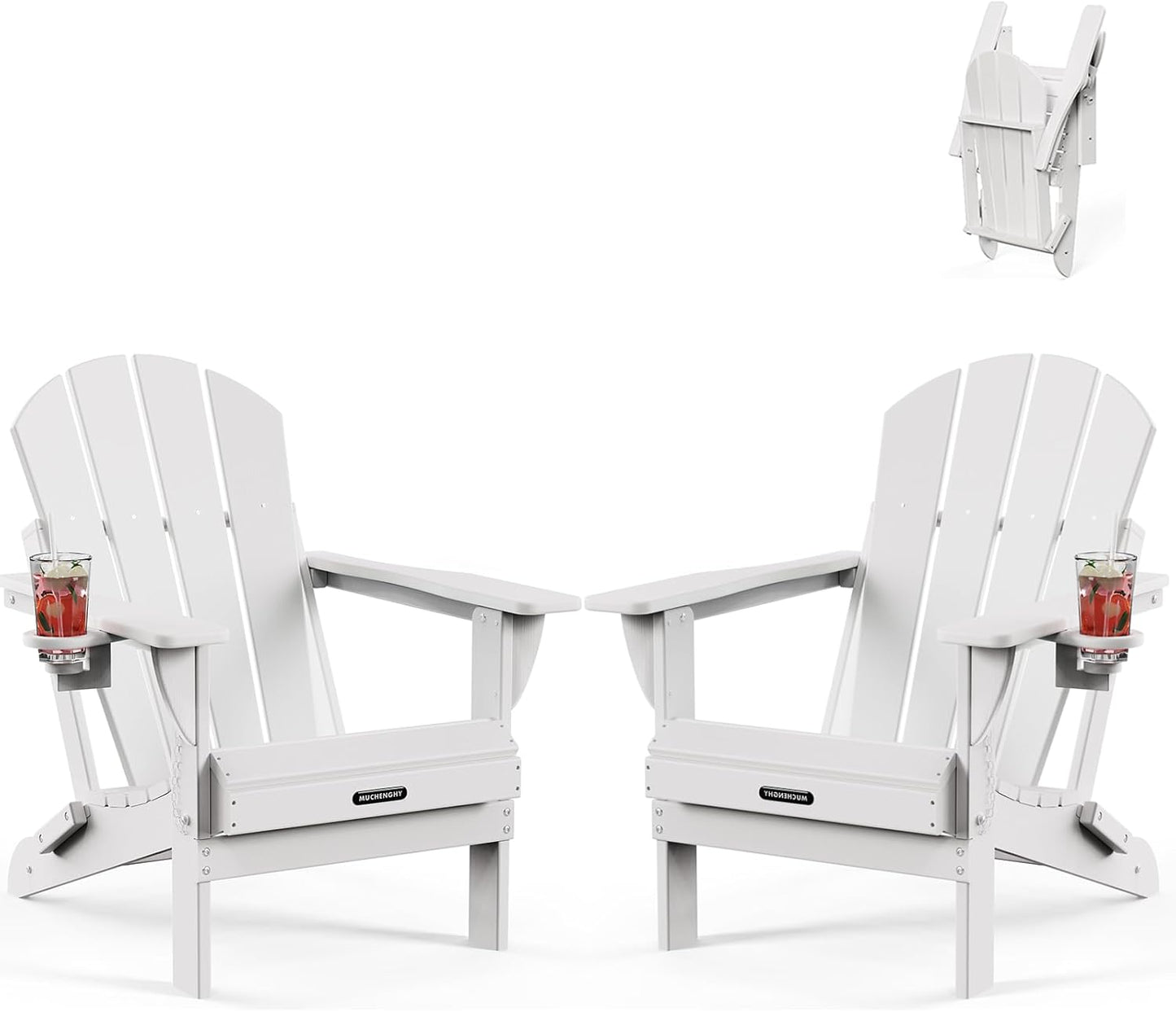 MUCHENGHY Folding Adirondack Chairs 2 Pack, Patio & Lawn Chairs, Outdoor & Backyard Chairs, Weather Resistant with Cup Holder, White