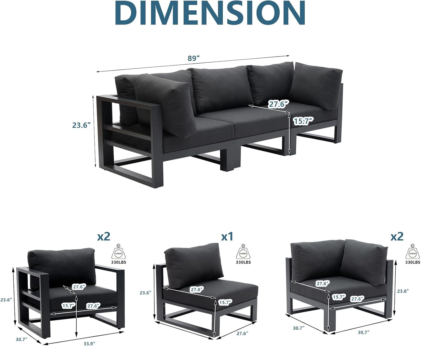 Outdoor Conversation Set 5 Pieces Aluminum Patio Furniture Outdoor Modular Sectional Sofa Set with Armchairs for Garden,Backyard,Dark Grey Cushions