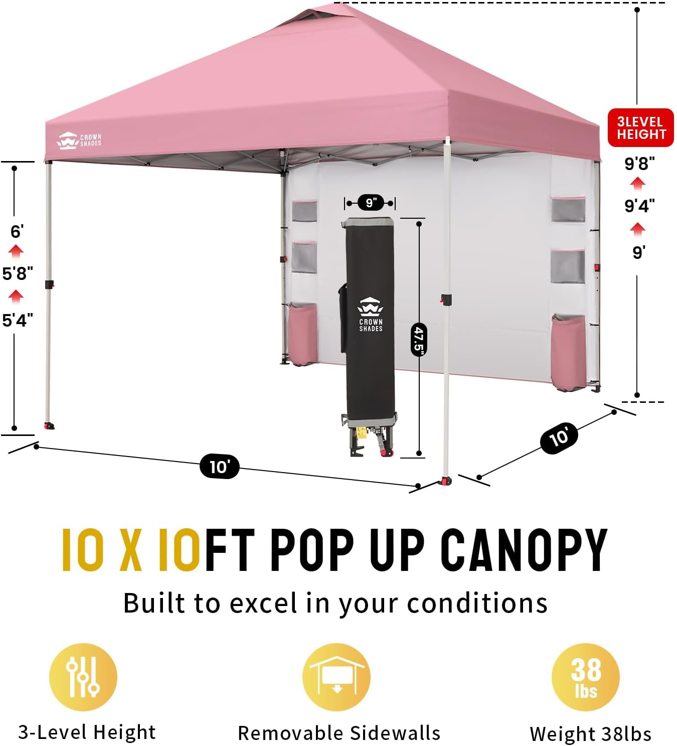 CROWN SHADES Canopy Tent, 10 x 10 Foot Portable Pop Up Outdoor Shelter with Pocket Sidewall, Push Center Lock, UV Protection, and Carry Bag, Pink