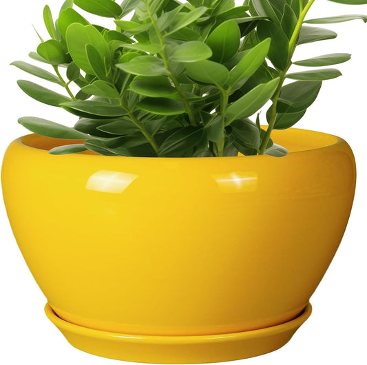 Indoor Planter 11 Inch - Decorative Mid-Century Large Ceramic Plant Pot for Outdoor Plants with Drainage Hole and Saucer, Home Balcony House Garden Patio Office Room Decor, Yellow