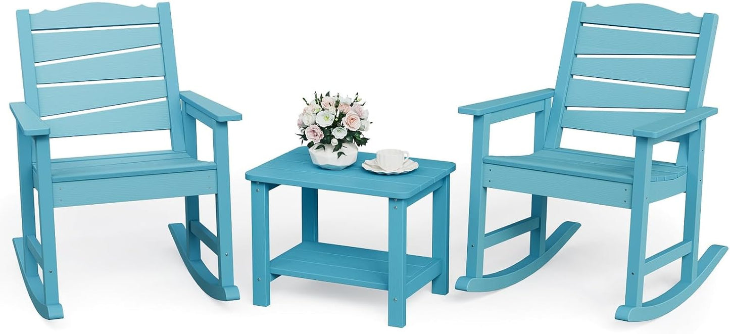 3-Piece Patio Rocking Chairs Set, Weatherproof HIPS Outdoor Rocking Chair for Adults, 400LBS Support Rocking Chairs with Table for Garden, Porch, Backyard and Indoor, Lake Blue
