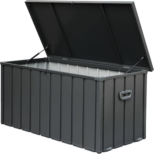 KUIKUI 200 Gallon Deck Box Waterproof, 200 Gallon Outdoor Storage Box, Metal Deck Box Waterproof for Pool Patio Cushions and Sports Pools Equipment, Dark Gray