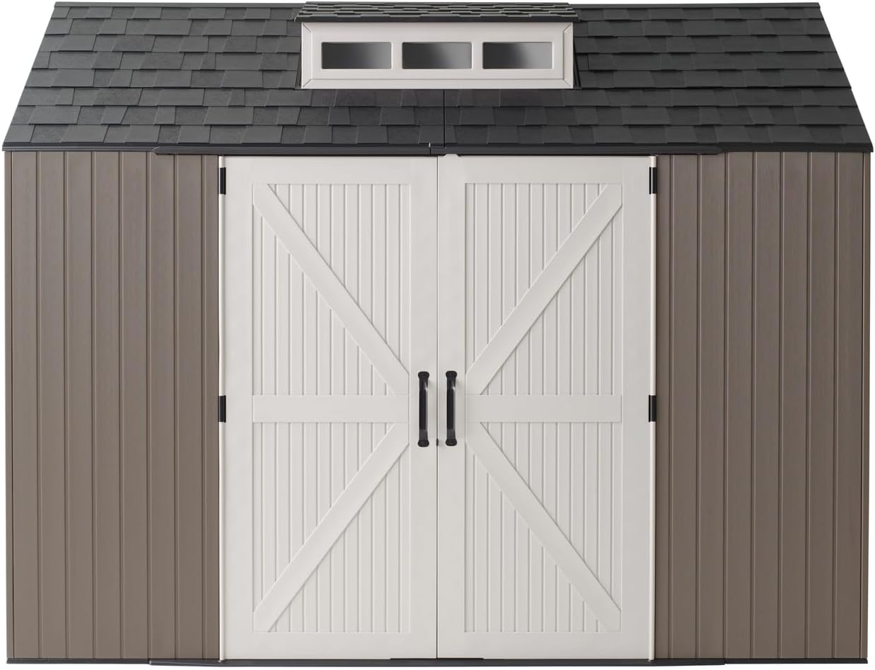 Rubbermaid Extra Large Resin Outdoor Storage Shed With Floor (7 x 10.5 Ft.) Weather Resistant Brown Organization for Home/Lawn Mower/Backyard Equipment/Bike Storage/Pool Supplies