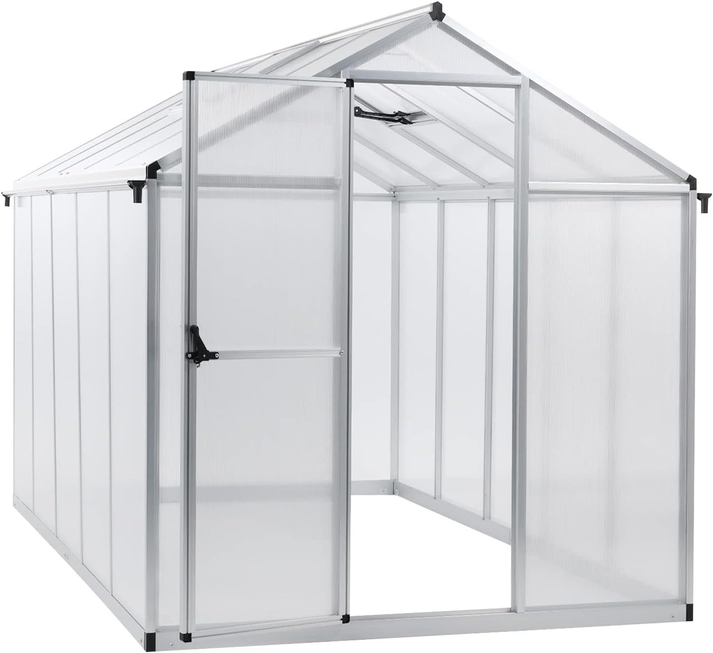 Aoodor 6 x 10 Ft Walk-in Greenhouse with Gutter, Polycarbonate and Heavy-Duty Aluminum Frame, Adjustment Skylight and Lockable 2-Sided Door for Patio, Outdoor, Yard, Lawn Use, Silver