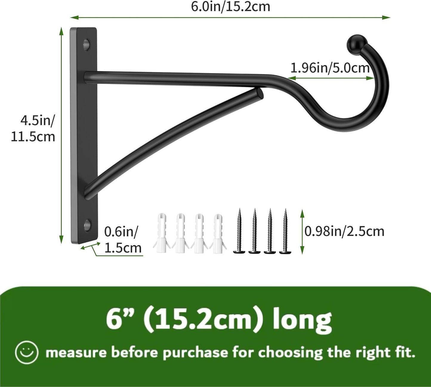 6 Inch 2 Pack Outdoor Plant Hanging Hooks for Wall:Metal Bracket for Hanging Baskets, Bird Feeders, Wind Chimes, Flower Baskets, Yoga Mat, Lanterns, Black