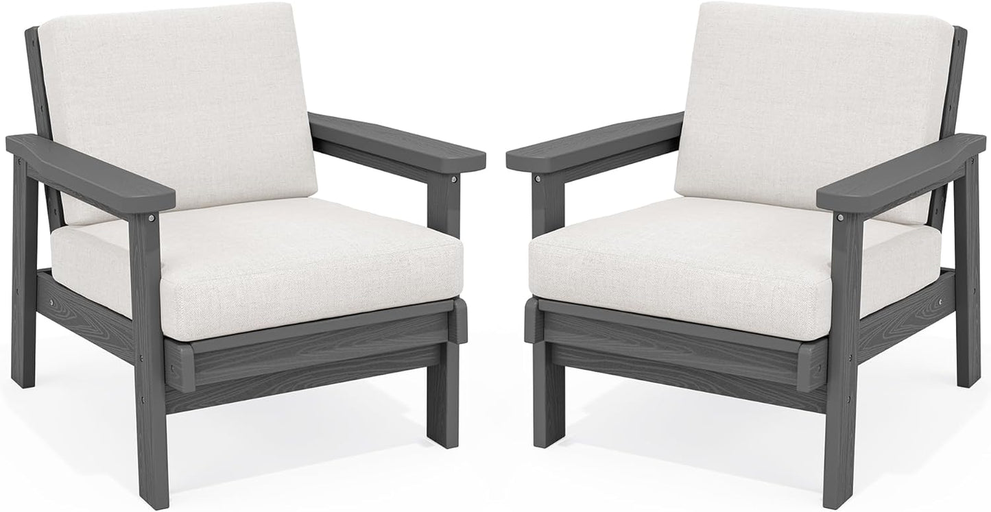 SERWALL HDPE Outdoor Couch Set of 2, All-Weather Wood-Like Outdoor Patio Furniture Set, Patio Sofa Chairs with Khaki Cushions