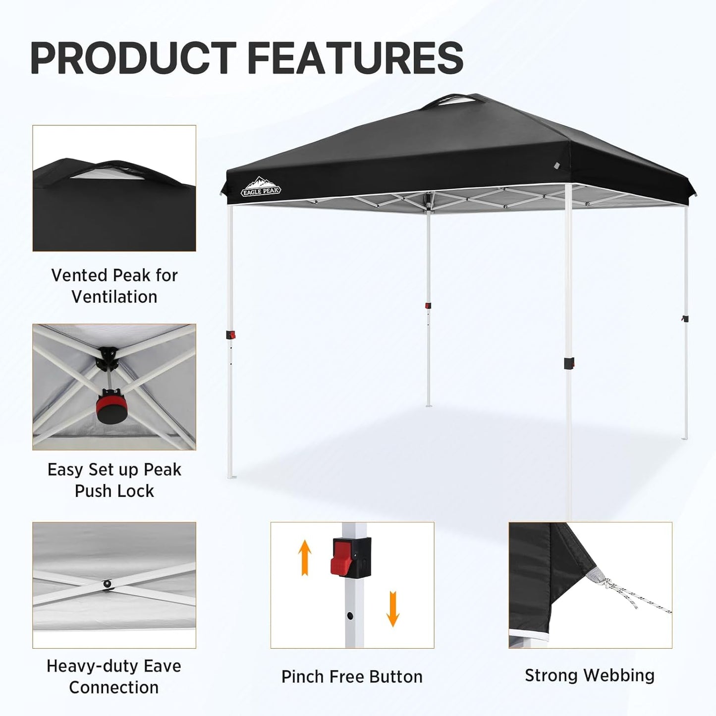 EAGLE PEAK Pop Up Canopy Tent with Wheeled Carry Bag, 8 Stakes, 4 Ropes, Easy Set Up Tent Canopy, 8x8 ft, Black