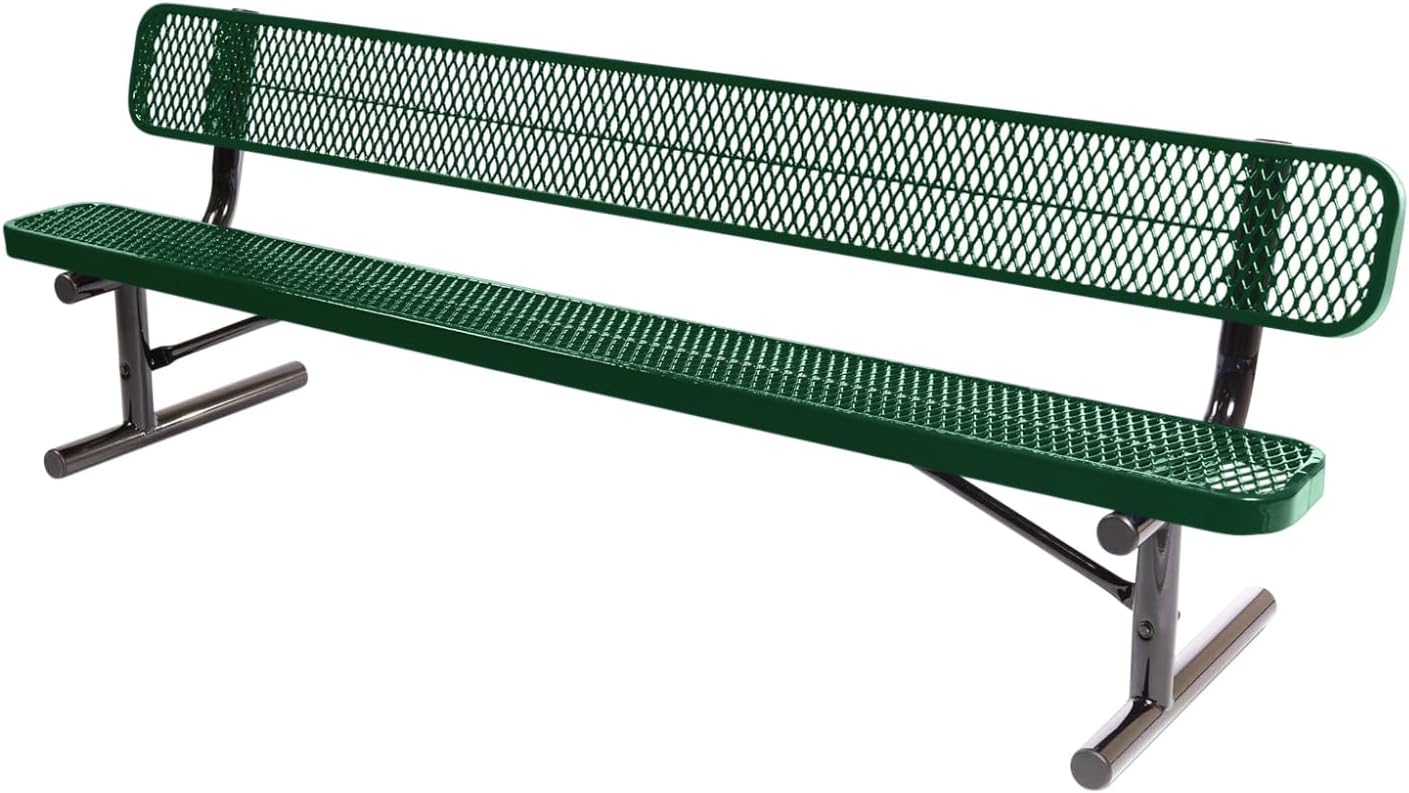 Coated Outdoor Furniture Heavy-Duty Portable Outdoor Bench Thermoplastic Coated, Expanded Metal, Commercial-Grade Seating, Made in America (Portable with Back, 8 Ft, Green)