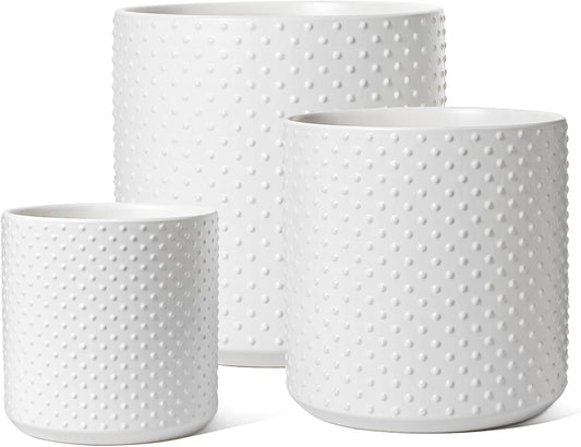 LE TAUCI Ceramic Plant Pots Indoor, 10+8+6 Inch Planters for Indoor Plants, Raised Dots Flower Pots with Drainage Hole and Plug, Cylinder Round Planters, Set of 3, White