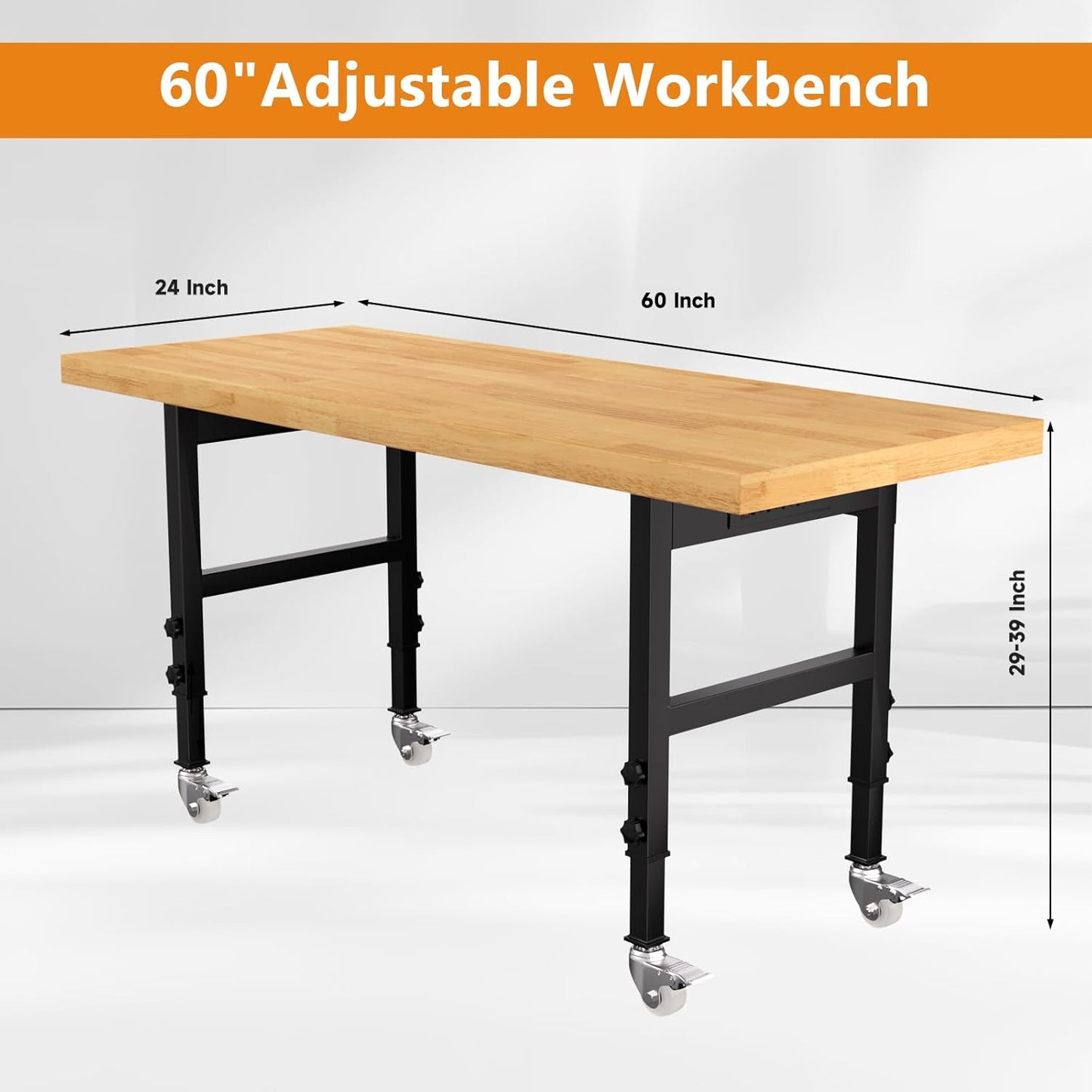 60" Adjustable Height Workbench with Wheels, Heavy-Duty Solid Wood Work Table with Power Outlets, 2000 LBS Capacity Workstation for Garage, Workshop(60" X 24")
