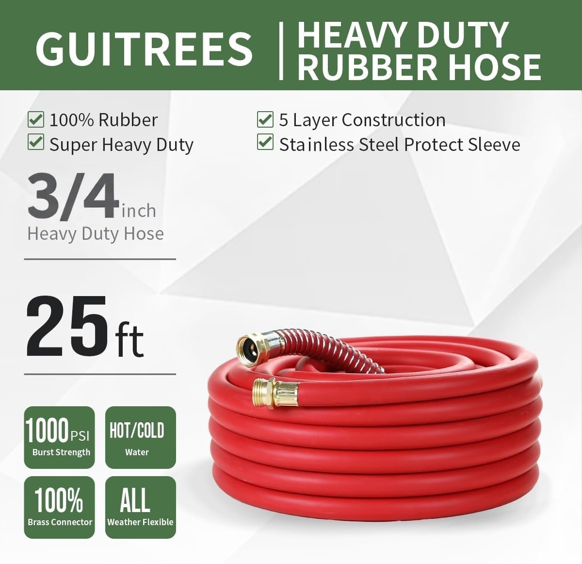 25FT 3/4 Heavy Duty Rubber Garden Hose - 200psi Working, 1000psi Burst - Hot/Cold Water - Five-Layered Braiding for Durability - Versatile for Gardening, Agriculture, Construction(Red)