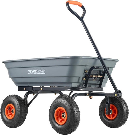 VEVOR 4 Cu.Ft. 600lbs Poly Garden Cart Dump Wagon, Heavy Duty 4 Wheel Wheelbarrow Yard Cart Dump Wagon with 10in All Terrain Wheels, Steel Frame and Quick Release System