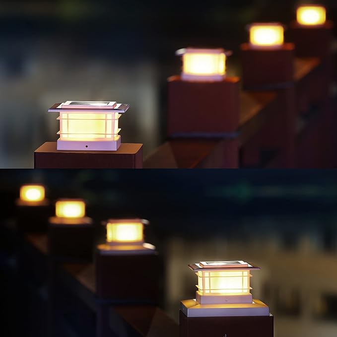 Dynaming 6 Pack Solar Post Lights Outdoor, Solar Powered White Shell Fence Post Cap Lights, High Brightness Warm White LED Lighting for Garden Deck Patio, Fit 4x4, 5x5 or 6x6 Vinyl/Wooden Posts