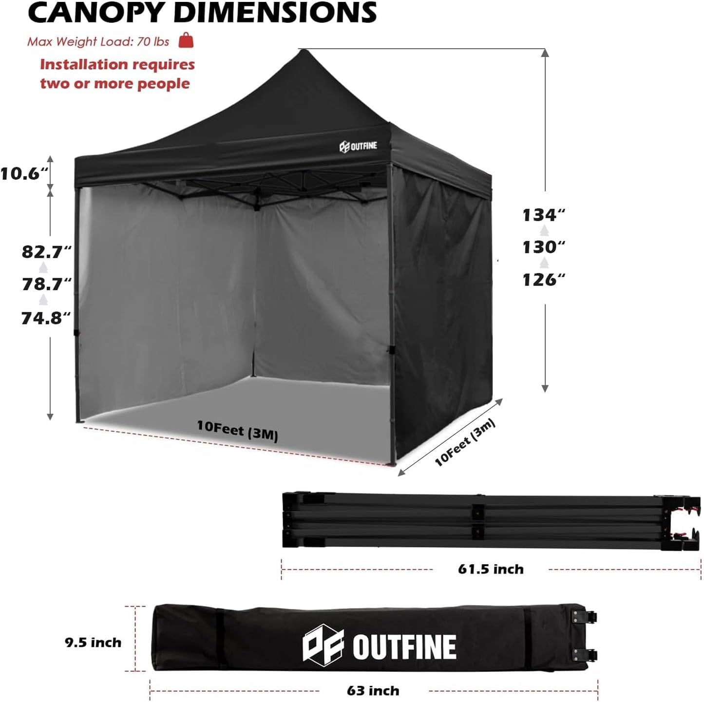 OUTFINE Heavy Duty Canopy 10x10 Pop Up Commercial Canopy Tent with 3 Side Walls Instant Shade, Bonus Upgrade Roller Bag, 4 Weight Bags, Stakes and Ropes (Black, 10 * 10FT)