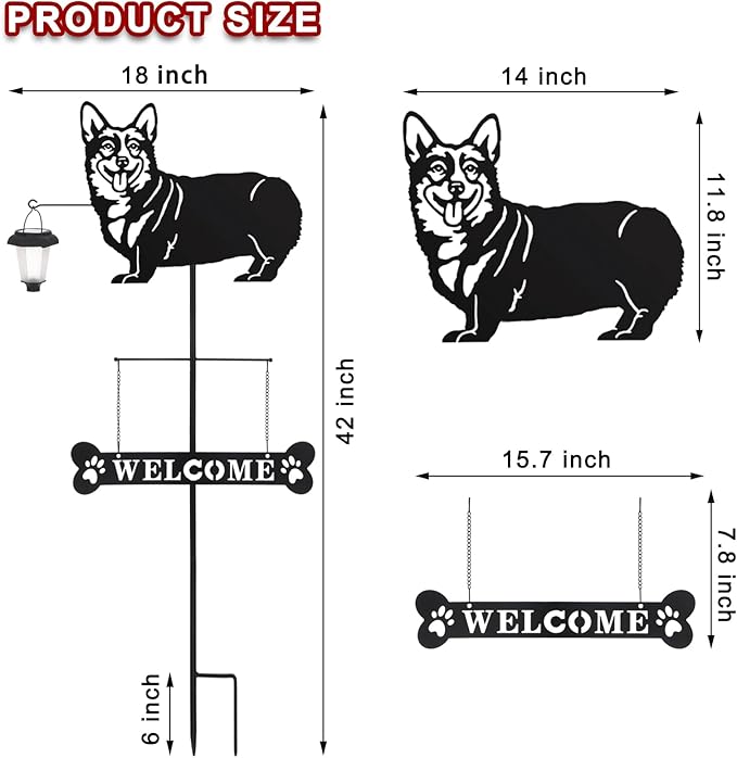 BAYN Solar Corgi Silhouette Dog Breed Welcome Sign with a Lantern Outdoor Decorative Garden Stakes for Yard, Lawn, Patio, Pathway