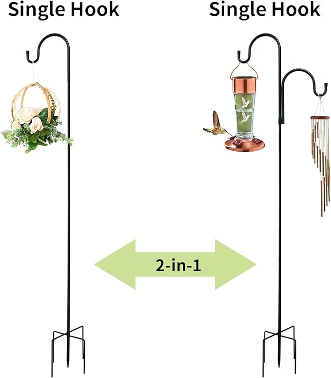 Double Shepherds Hooks for Outdoor, Bird Feeder Pole with 5 Prongs Base, Heavy Duty Garden Hook for Lantern, Wind Chime and Hummingbird Feeder, 45 Inch, 1 Pack