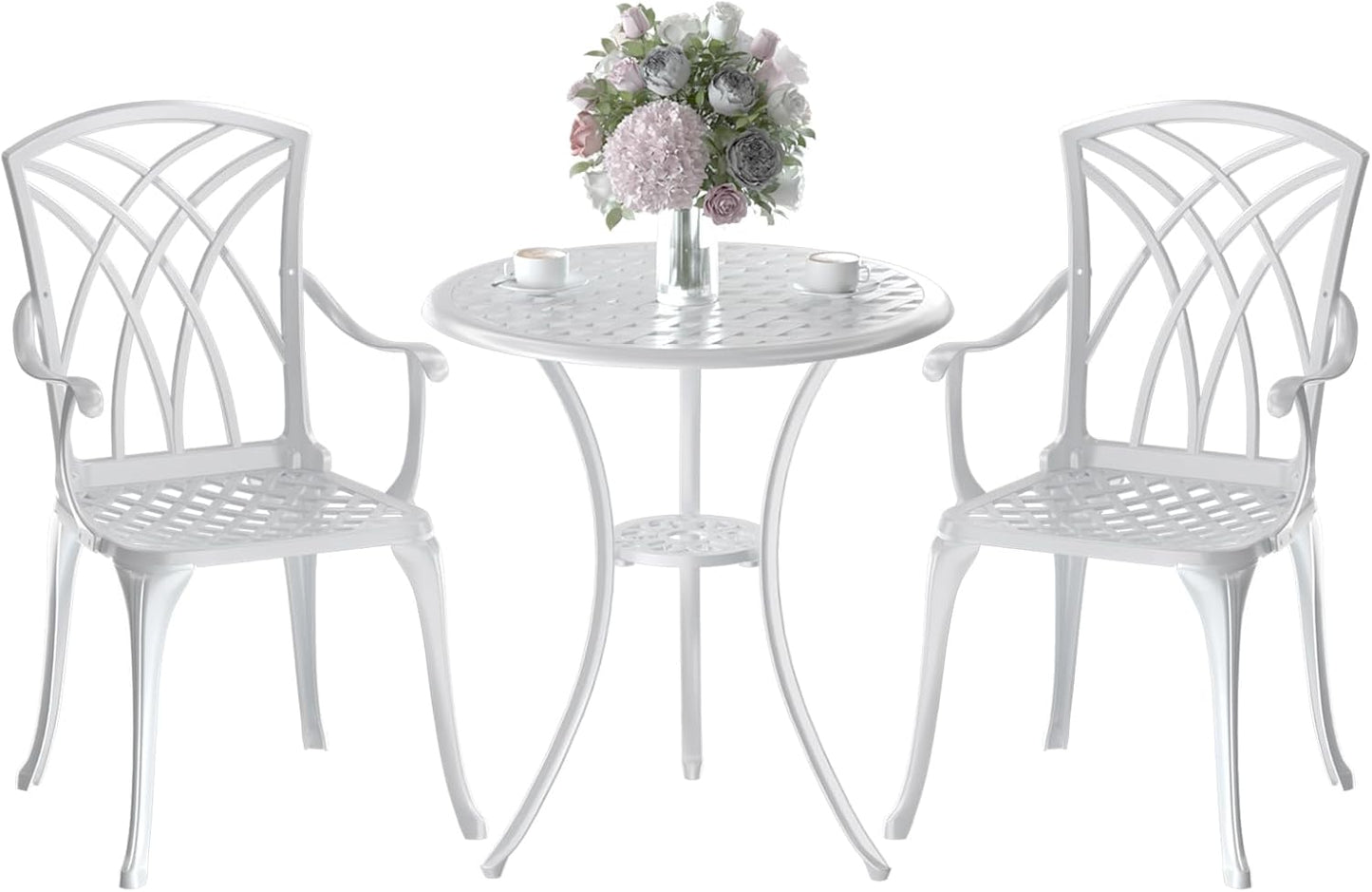 Patio Bistro Set 3 Piece, Cast Aluminum Bistro Set for 2 w/Umbrella Hole, Outdoor Table and Chairs Set of 2, Bistro Set for Balcony/Backyard/Garden, White