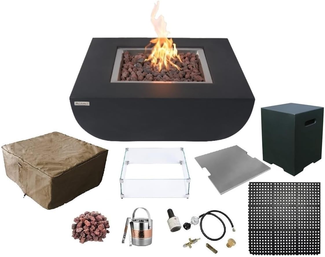AMS Fireplace | Modeno Aurora Package | Black Liquid Propane Gas Fire Pit Table for Outside Patio Bundle with Tank Cover, Wind Guard, and SS Burner Lid | Free Rubber Mat & Ice Bucket
